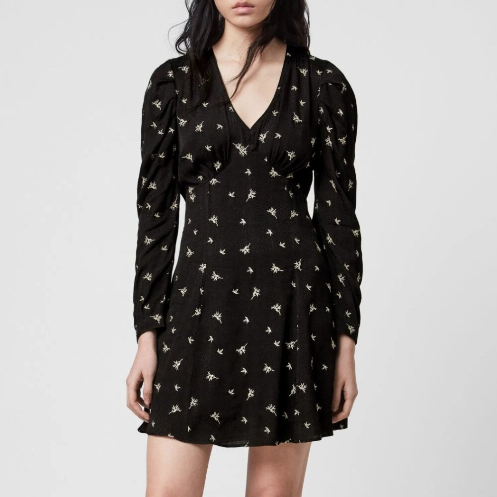 BNWT All Saints Embroidered Black Jacquard Mini Dress, Size US 4